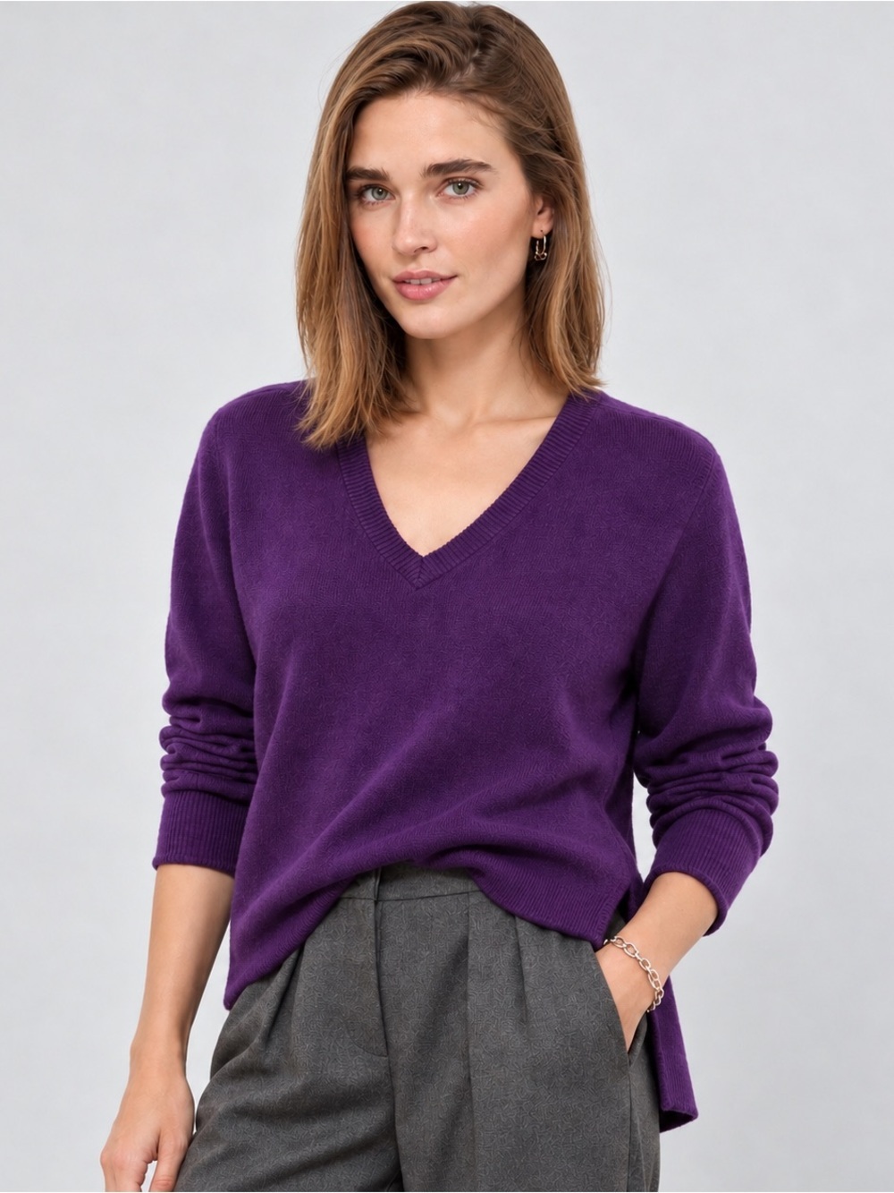 Belle France Cashmere V-Neck Sweater Purple Melange Hi Low Hem Medium